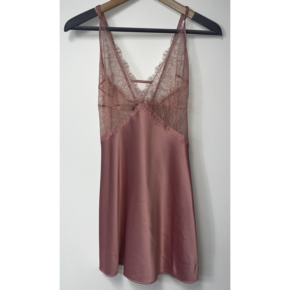 Victoria's Secret NEW Lace Plunge Open Back Slip Lingerie Dusty Rose Lace  M
